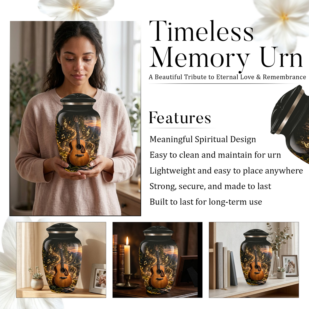 Personalized Guitar Cremation Urn for Ashes, Musical Instrument Urn with Golden Music Notes, Custom Music Lover Urn