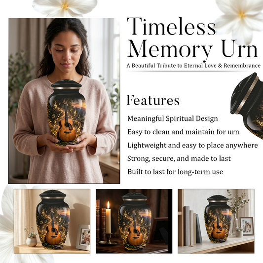 Personalized Guitar Cremation Urn for Ashes, Musical Instrument Urn with Golden Music Notes, Custom Music Lover Urn