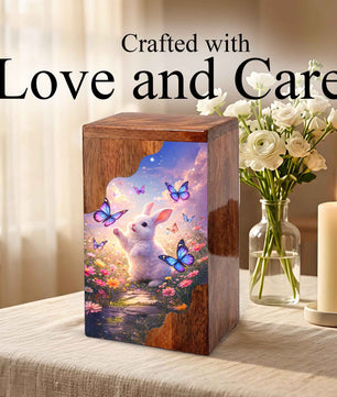 Wooden Cremation Urn – Rabbit Memorial Urn | Butterfly Garden Wooden Urn for Human Ashes