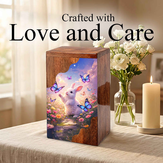 Wooden Cremation Urn – Rabbit Memorial Urn | Butterfly Garden Wooden Urn for Human Ashes