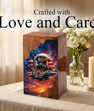 Military Eagle Wooden Cremation Urn for Human Ashes| American Flag Patriotic Funeral Urn