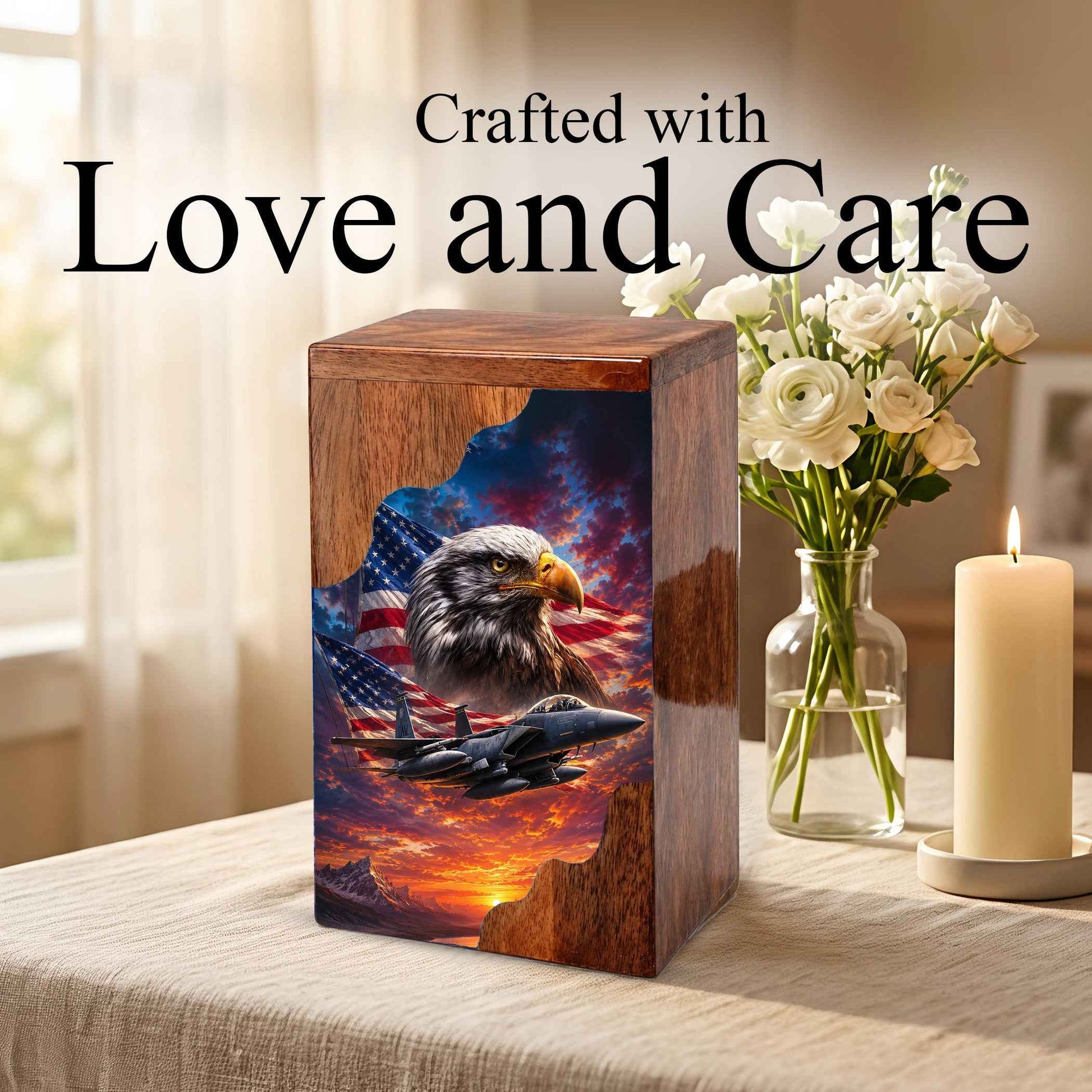 Military Eagle Wooden Cremation Urn for Human Ashes| American Flag Patriotic Funeral Urn