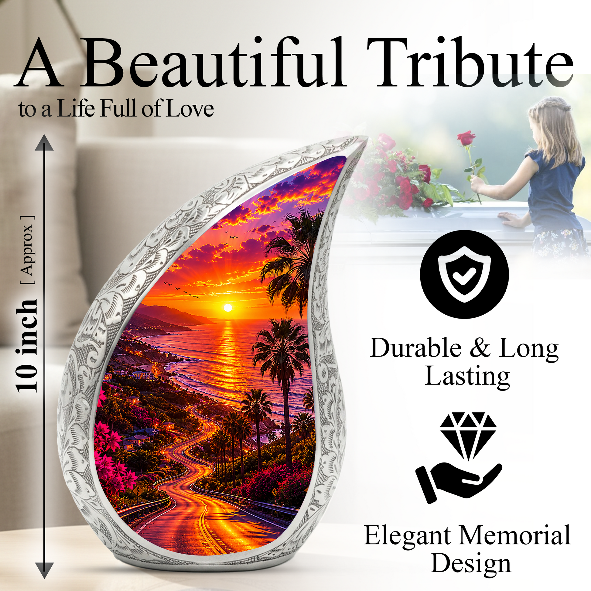 Beach Sunset Urn for Human Ashes | Ocean Beach Themed Adult Cremation Urn