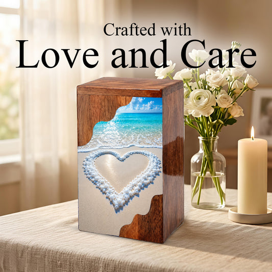 Heart in the Sand Wooden Cremation Urn – Personalized Memorial Urn for Human Ashes