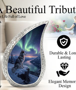 Personalized Husky Cremation Urn – Custom Dog Memorial Urn for Ashes, Northern Lights Pet Memorial, Teardrop Aluminum Adult Urn, 10 Inch