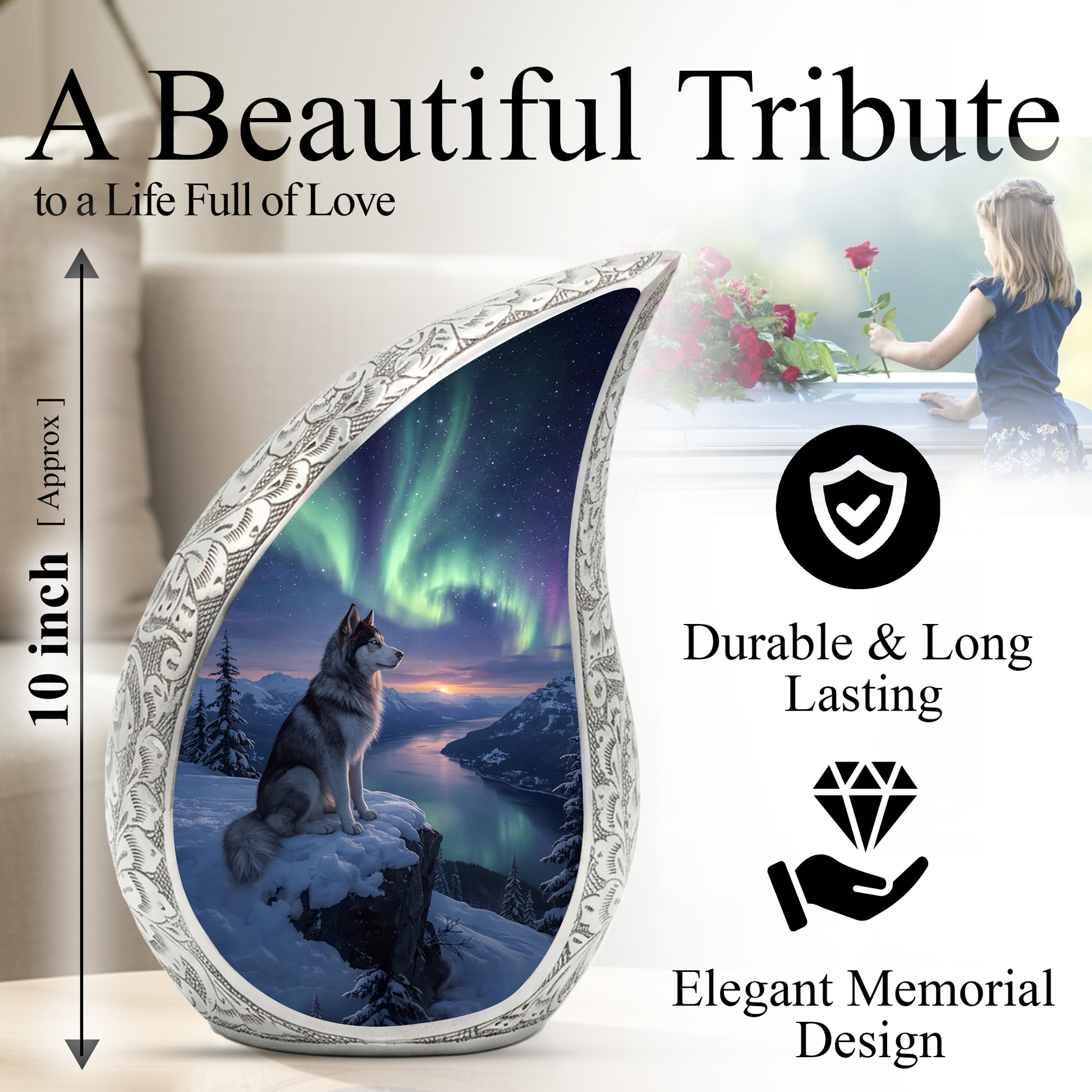 Personalized Husky Cremation Urn – Custom Dog Memorial Urn for Ashes, Northern Lights Pet Memorial, Teardrop Aluminum Adult Urn, 10 Inch