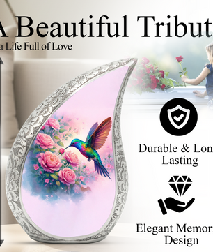 Personalized Hummingbird Cremation Urn – Custom Rose Memorial Urn for Ashes, Floral Teardrop Aluminum Adult Urn, 10 Inch
