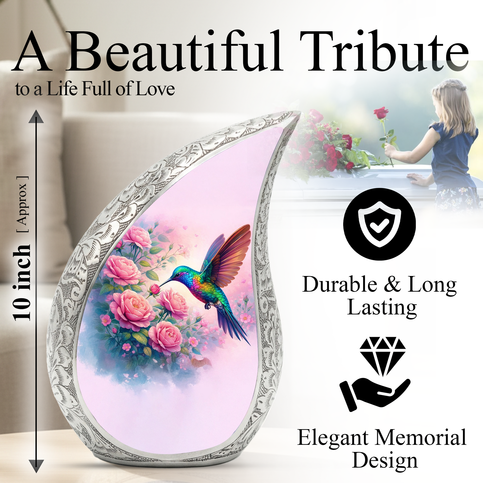 Personalized Hummingbird Cremation Urn – Custom Rose Memorial Urn for Ashes, Floral Teardrop Aluminum Adult Urn, 10 Inch