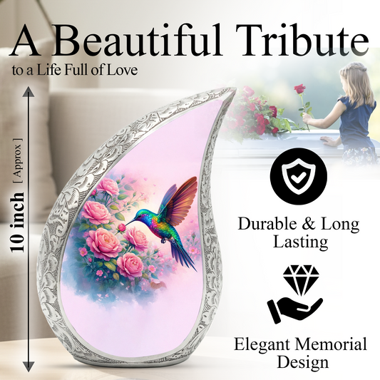 Personalized Hummingbird Cremation Urn – Custom Rose Memorial Urn for Ashes, Floral Teardrop Aluminum Adult Urn, 10 Inch