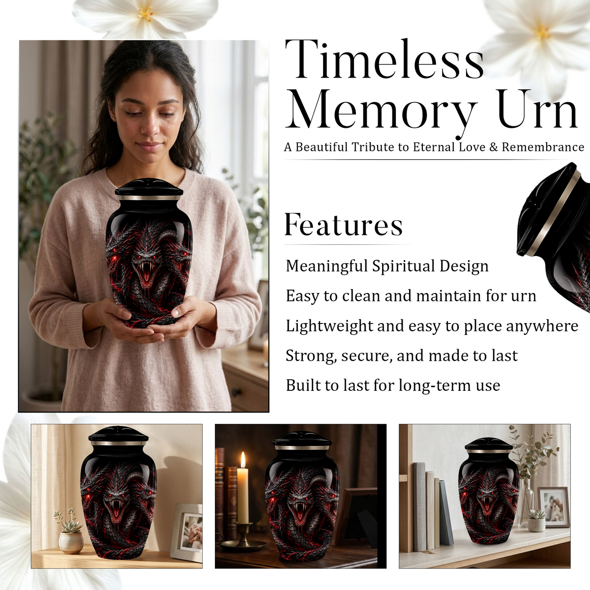 Three-Headed Dragon Cremation Urn – Black & Red Dragon Adult Memorial Urn for Ashes