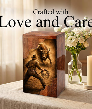 Western Cowboy Cremation Urn – Wooden Urn for Human Ashes