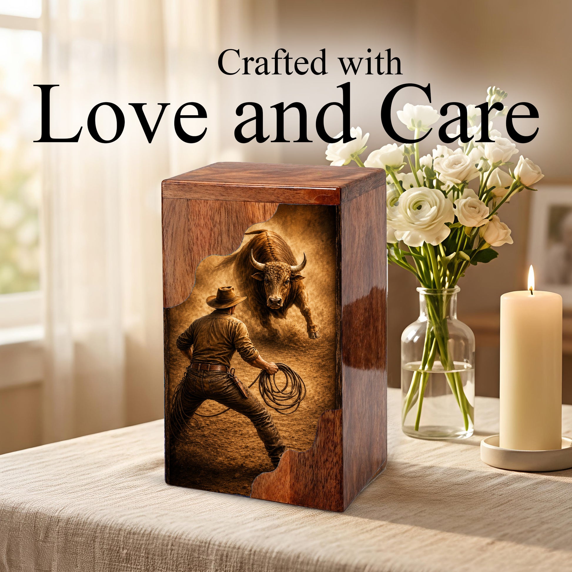 Western Cowboy Cremation Urn – Wooden Urn for Human Ashes