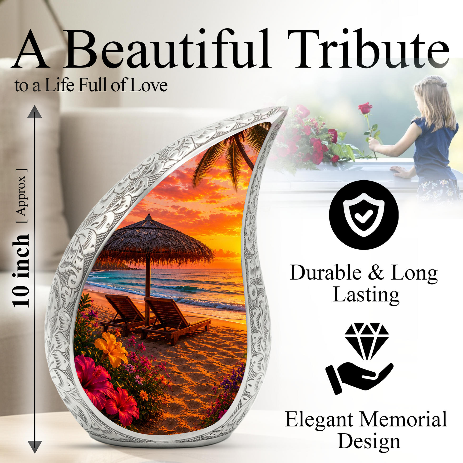 Beach Sunset Adult Cremation Urn for Mom, Dad, Women & Men, Memorial Urn for Ashes