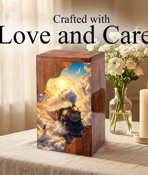 Heaven Bound Train Wooden Cremation Urn – Angel Memorial Urn | Wooden Urn for Human Ashes