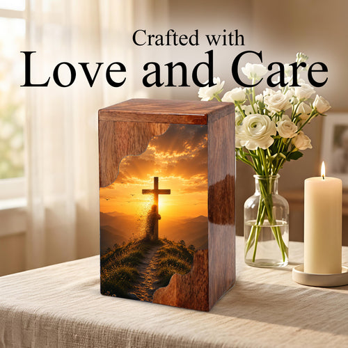 Christian Cross Wooden Cremation Urn – Personalized Memorial Urn for Human Ashes