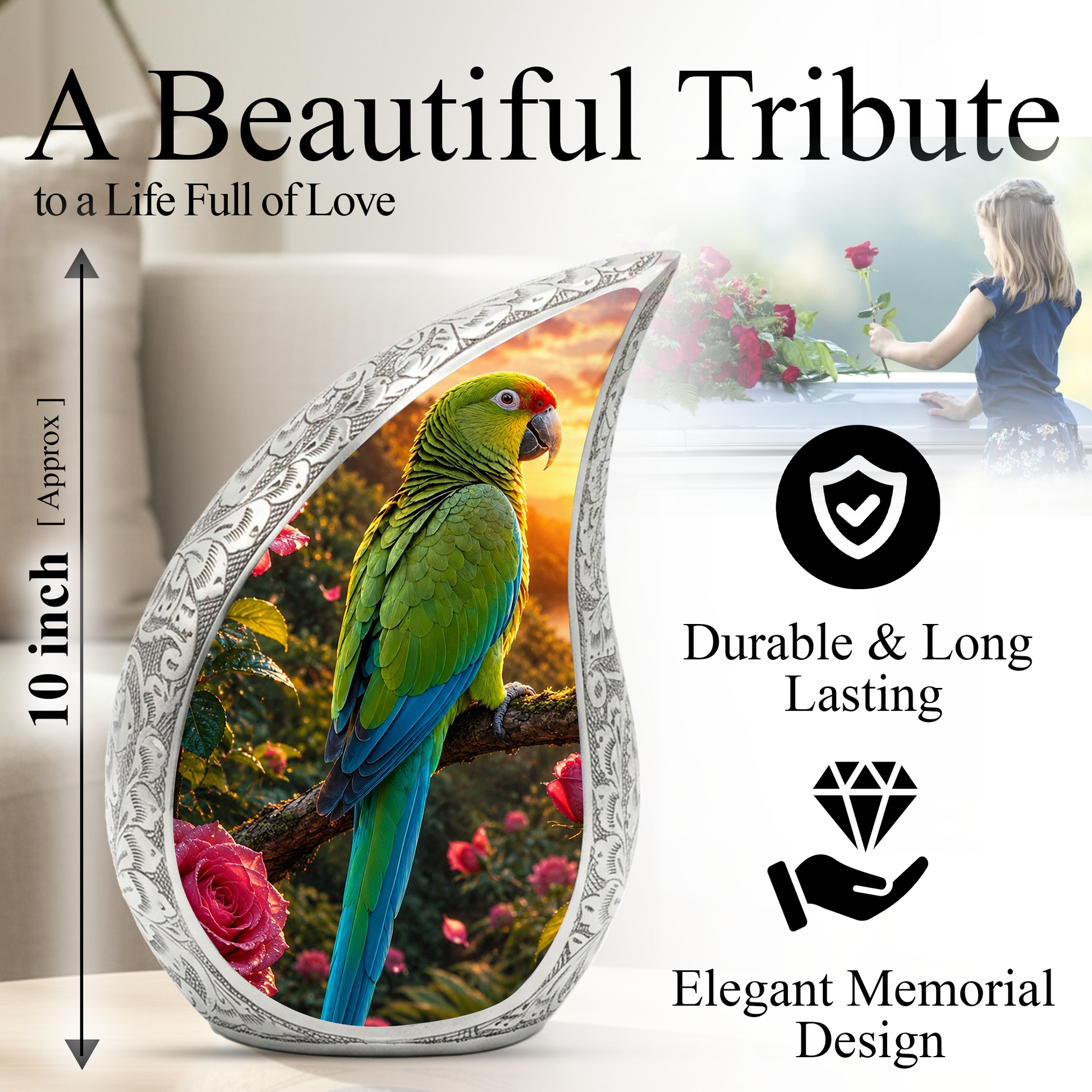 Personalized Parrot Urn for Mom – Forest Urn for Ashes | Cremation Urn for Men & Women