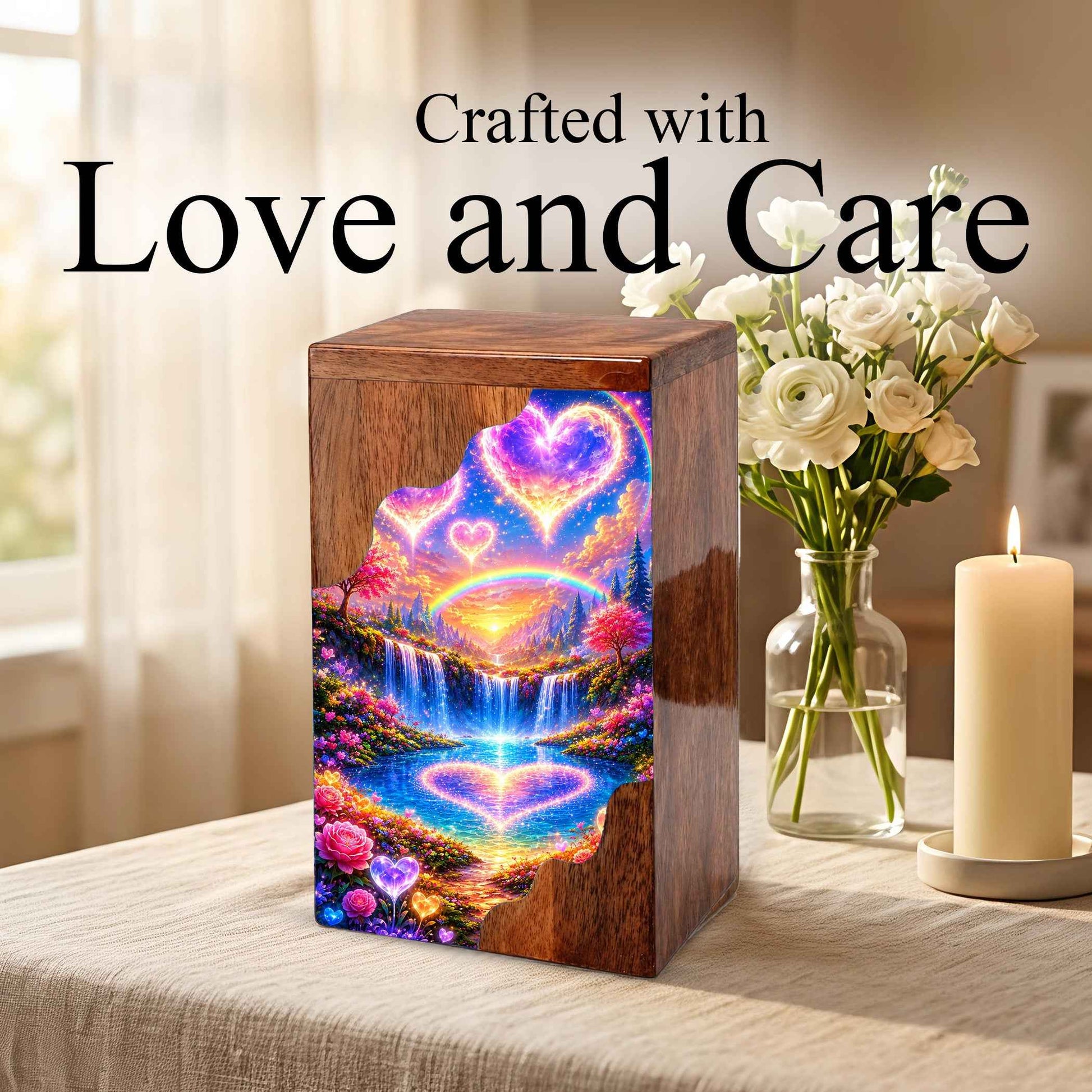 Heart Heaven Wooden Cremation Urn – Rainbow Waterfall Memorial Urn