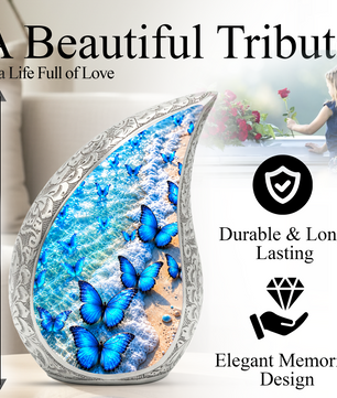 Blue Butterfly Cremation Urn for Adult Ashes, Beach Memorial Urn, Ocean Butterfly Urn for Ashes