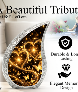 Gold Butterfly Cremation Urn for Ashes, Heart Memorial Urn