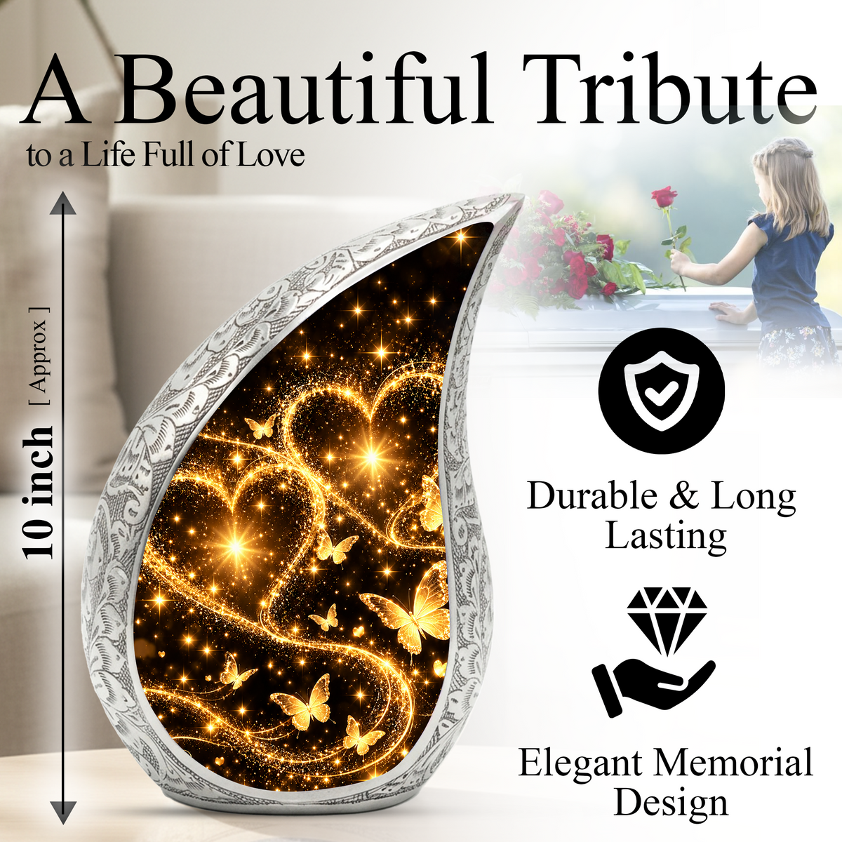 Gold Butterfly Cremation Urn for Ashes, Heart Memorial Urn