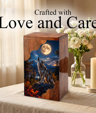 Wolf Wooden Cremation Urn – Personalized Memorial Urn for Human Ashes | Moonlit Wolf Wooden Urn