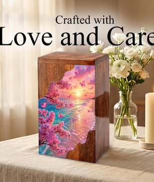 Cherry Blossom Beach Wooden Cremation Urn – Butterfly Memorial Urn for Human Ashes