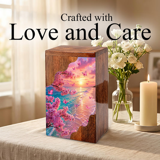 Cherry Blossom Beach Wooden Cremation Urn – Butterfly Memorial Urn for Human Ashes