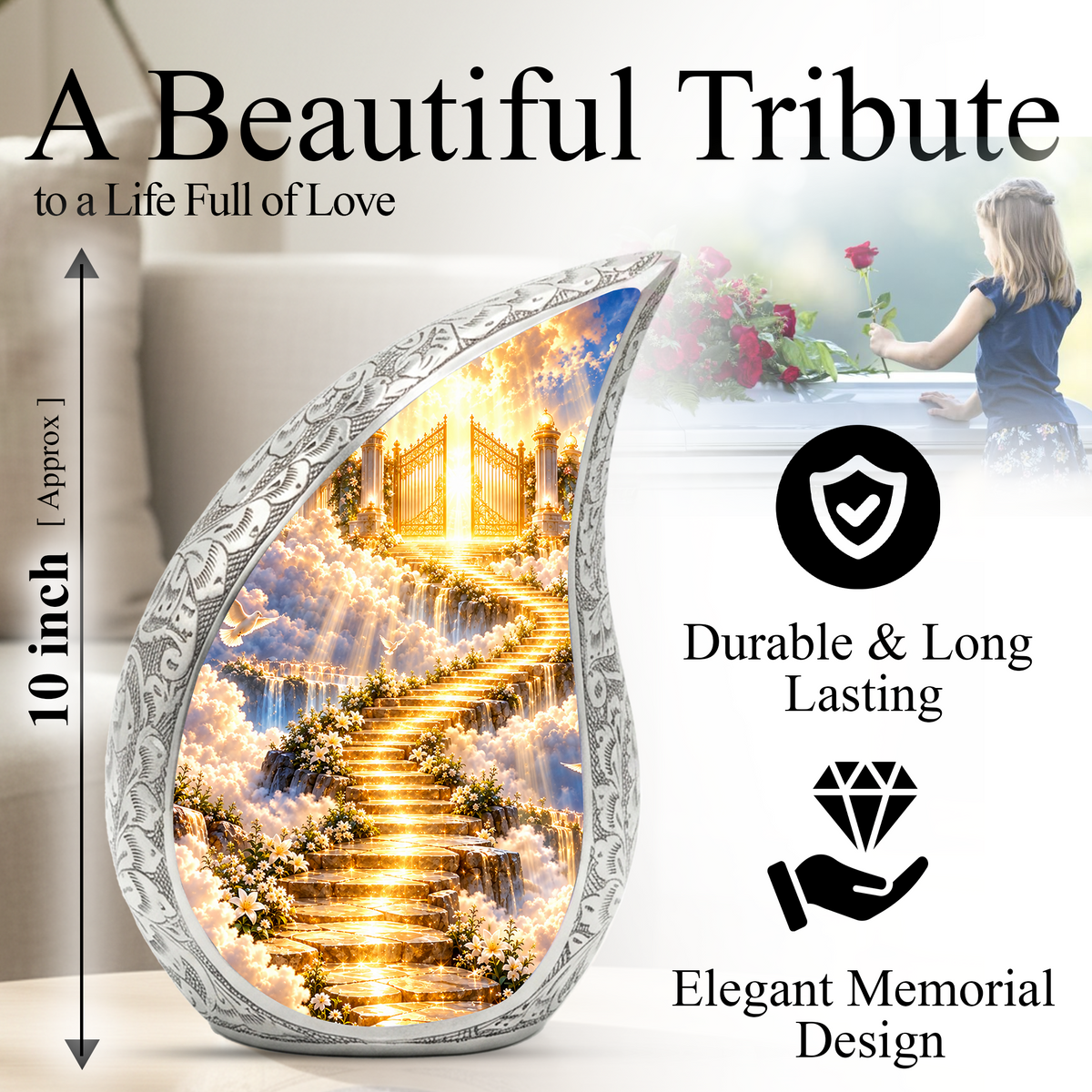 Stairway to Heaven Cremation Urn for Mom- Golden Heavenly Gates Memorial Urn