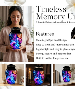 Musical Note Cremation Urn for Adult Ashes, Colorful Galaxy Music Memorial Urn, Adult Cremation Urn with Glowing Neon Treble Clef Artwork