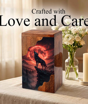 Wooden Cremation Urn – Red Moon Wolf Memorial Urn | Custom Wooden Memorial Urn for Dad