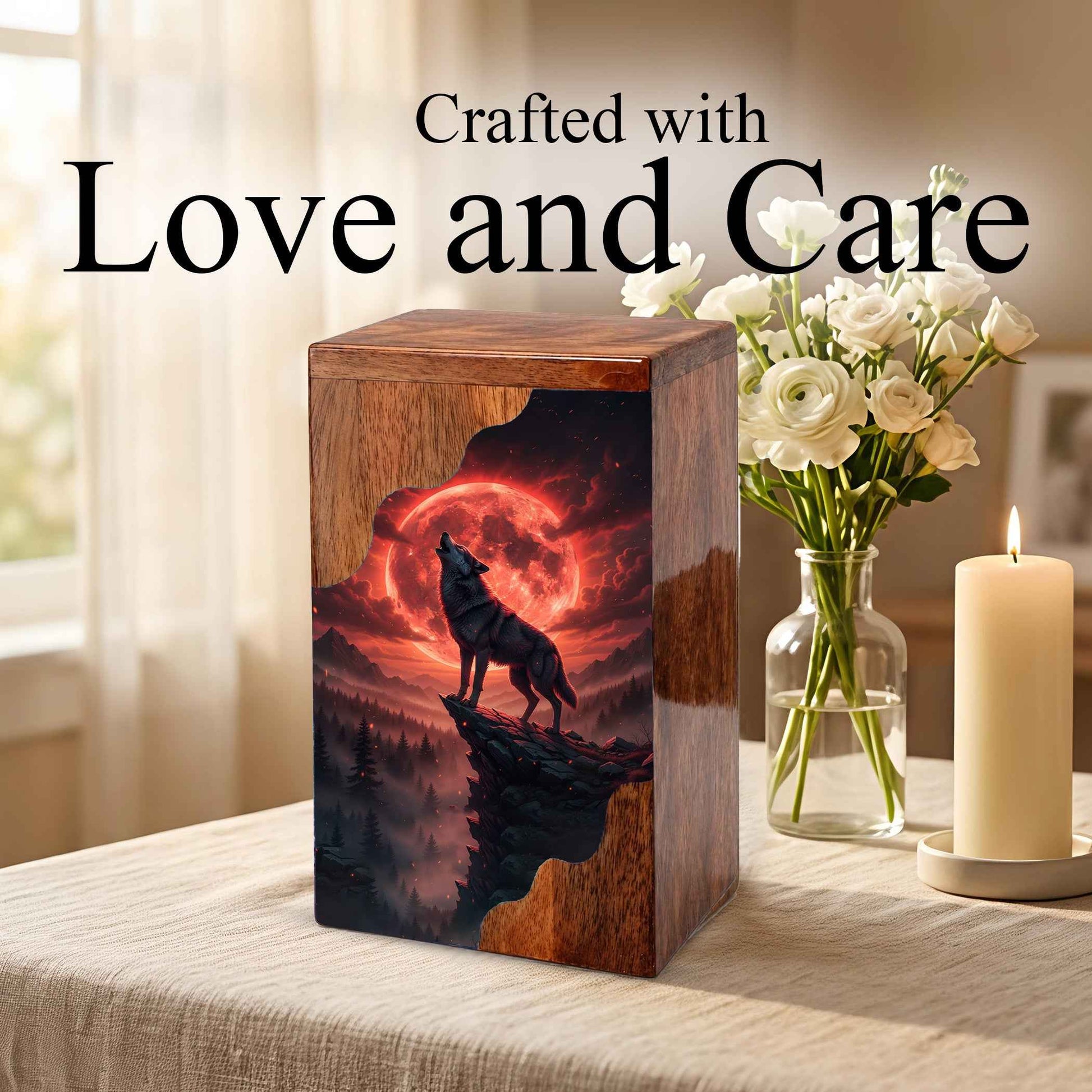 Wooden Cremation Urn – Red Moon Wolf Memorial Urn | Custom Wooden Memorial Urn for Dad