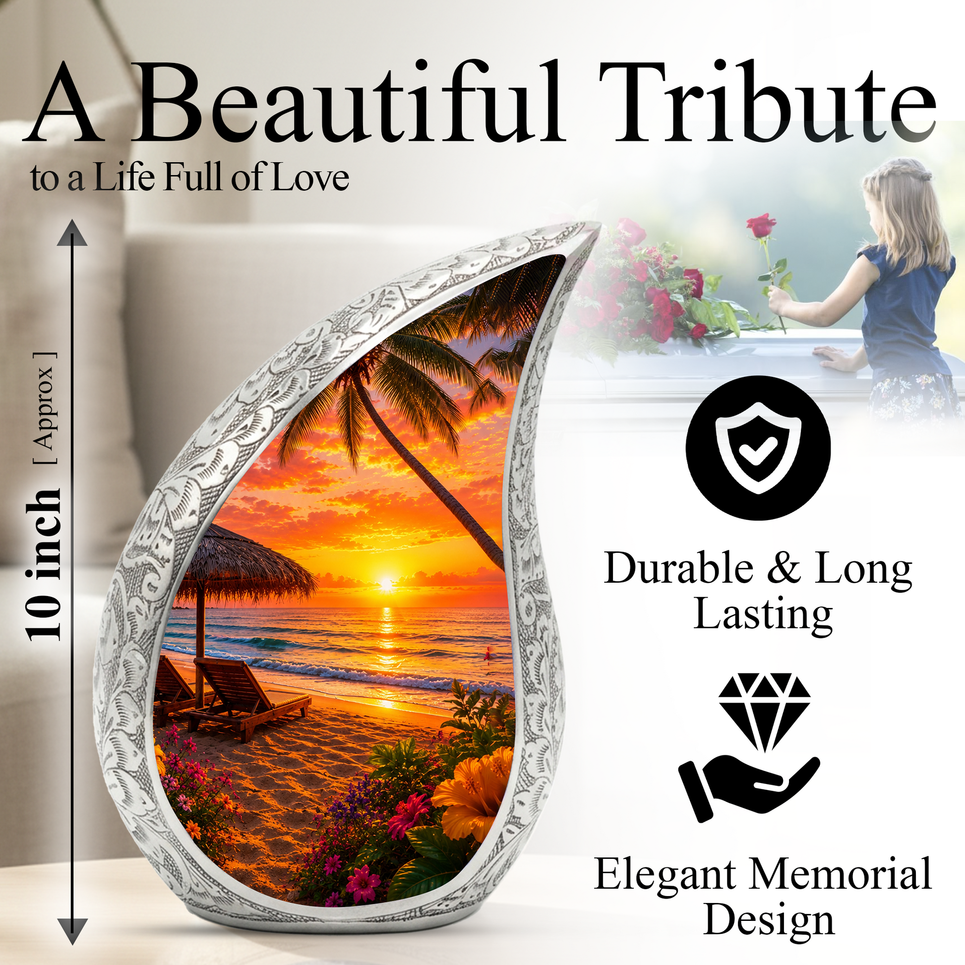 Beach Urns for Human Ashes – Tropical Ocean Sunset Beach Themed Cremation Urn