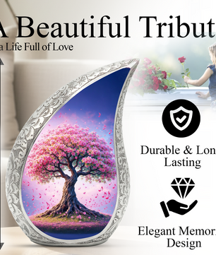 Tree of Life Personalized Cremation Urn – Teardrop Style Aluminum Memorial Urn, 10 Inch