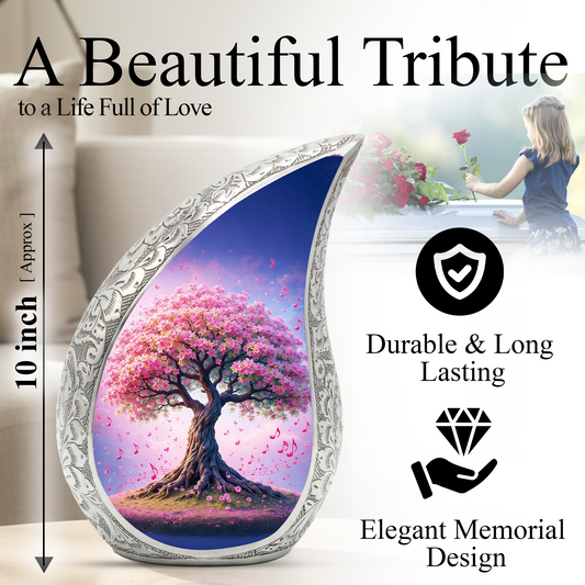 Tree of Life Personalized Cremation Urn – Teardrop Style Aluminum Memorial Urn, 10 Inch