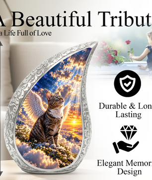 Angel Cat Cremation Urn for Ashes, Winged Cat Memorial Urn, Adult Aluminum Urn