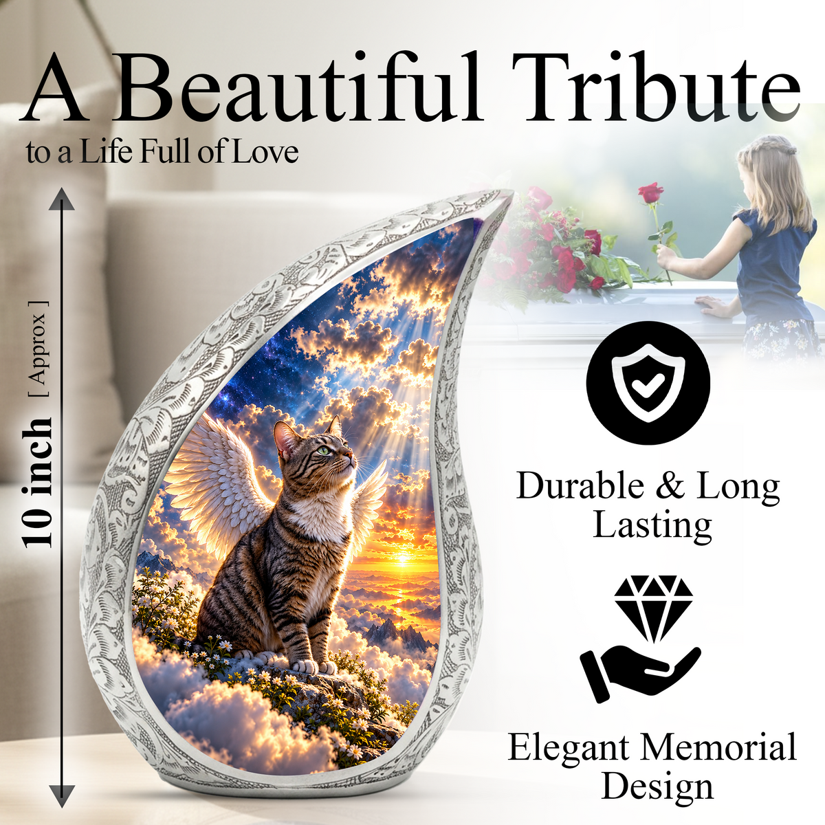 Angel Cat Cremation Urn for Ashes, Winged Cat Memorial Urn, Adult Aluminum Urn