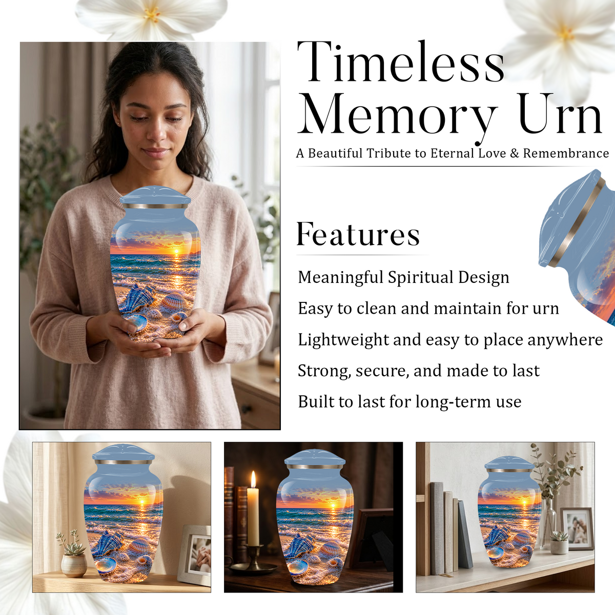 Adult Cremation Urn for Ashes, Personalized Seashell Beach Sunset Urn