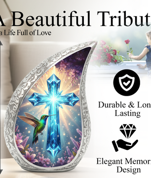 Christian Cross Personalized Cremation Urn – Teardrop Style Aluminum Memorial Urn, 10 Inch