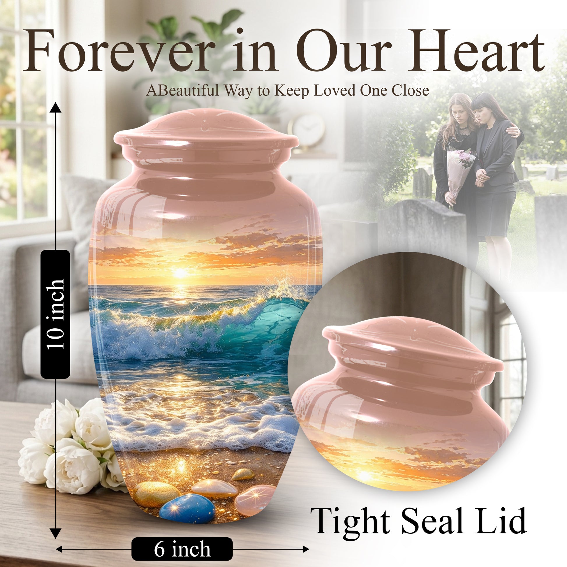 Ocean Sunset Urn for Mom | Beach Cremation  Large Urn for Women | Adult Female Memorial Urn