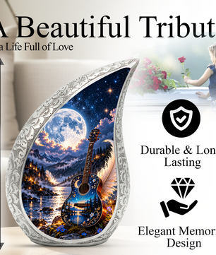 Guitar Cremation Urn for Ashes, Personalized Music Memorial Adult Urn, Celestial Moon Guitar Urn, Handmade Aluminum Cremation Urn