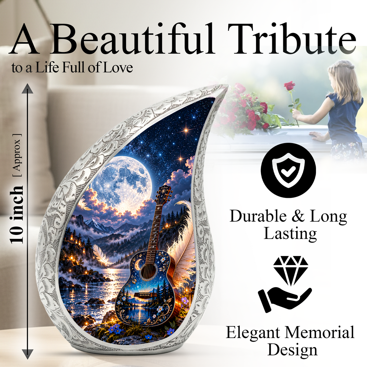 Guitar Cremation Urn for Ashes, Personalized Music Memorial Adult Urn, Celestial Moon Guitar Urn, Handmade Aluminum Cremation Urn