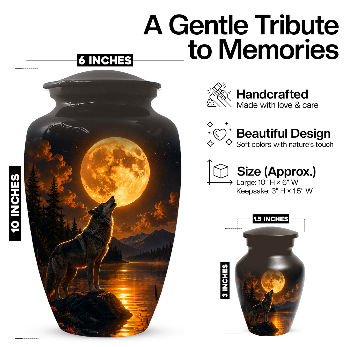 Wolf Cremation Urn for Dad - Mountain Lake Memorial Large Keepsake Urns