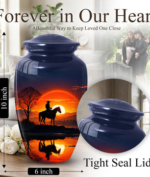 Cowboy Horse Urn for Dad | Funeral Cremation Large Urn for Father | Western Sunset Memorial Urn