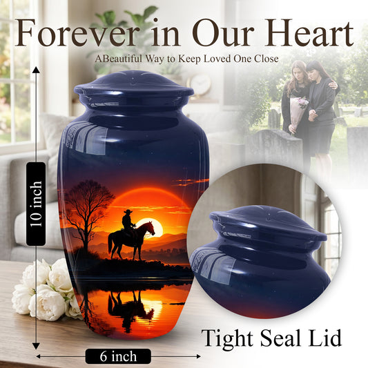 Cowboy Horse Urn for Dad | Funeral Cremation Large Urn for Father | Western Sunset Memorial Urn