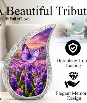 Butterfly Urn for Human Ashes | Purple Floral Butterfly Cremation Urn| Beautiful Butterfly Memorial Urn for Adult Ashes
