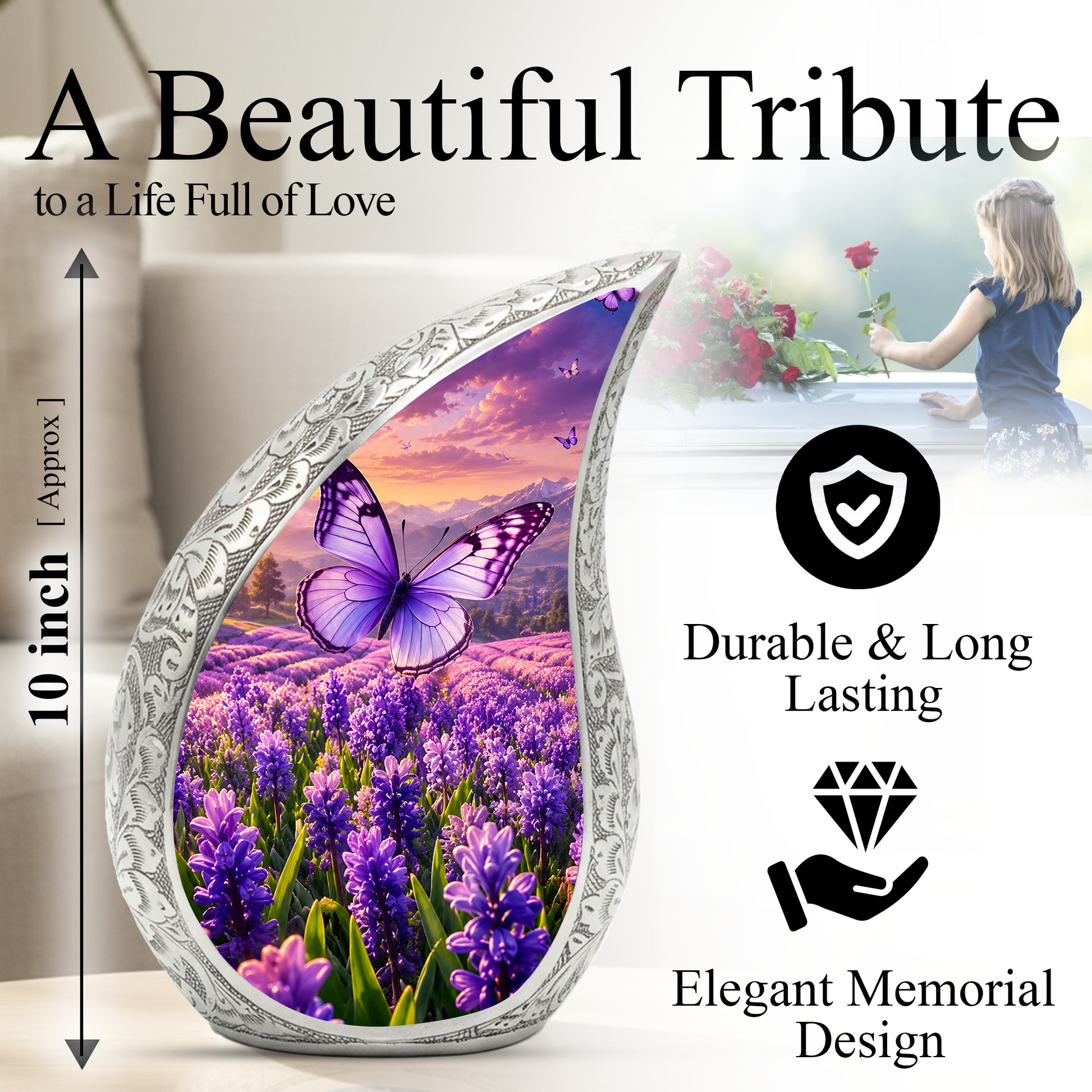 Butterfly Urn for Human Ashes | Purple Floral Butterfly Cremation Urn| Beautiful Butterfly Memorial Urn for Adult Ashes