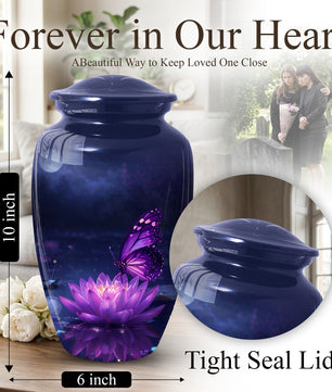 Purple Butterfly Urn for Mom on Lotus Flower | Butterfly Cremation Large Urn for Ashes