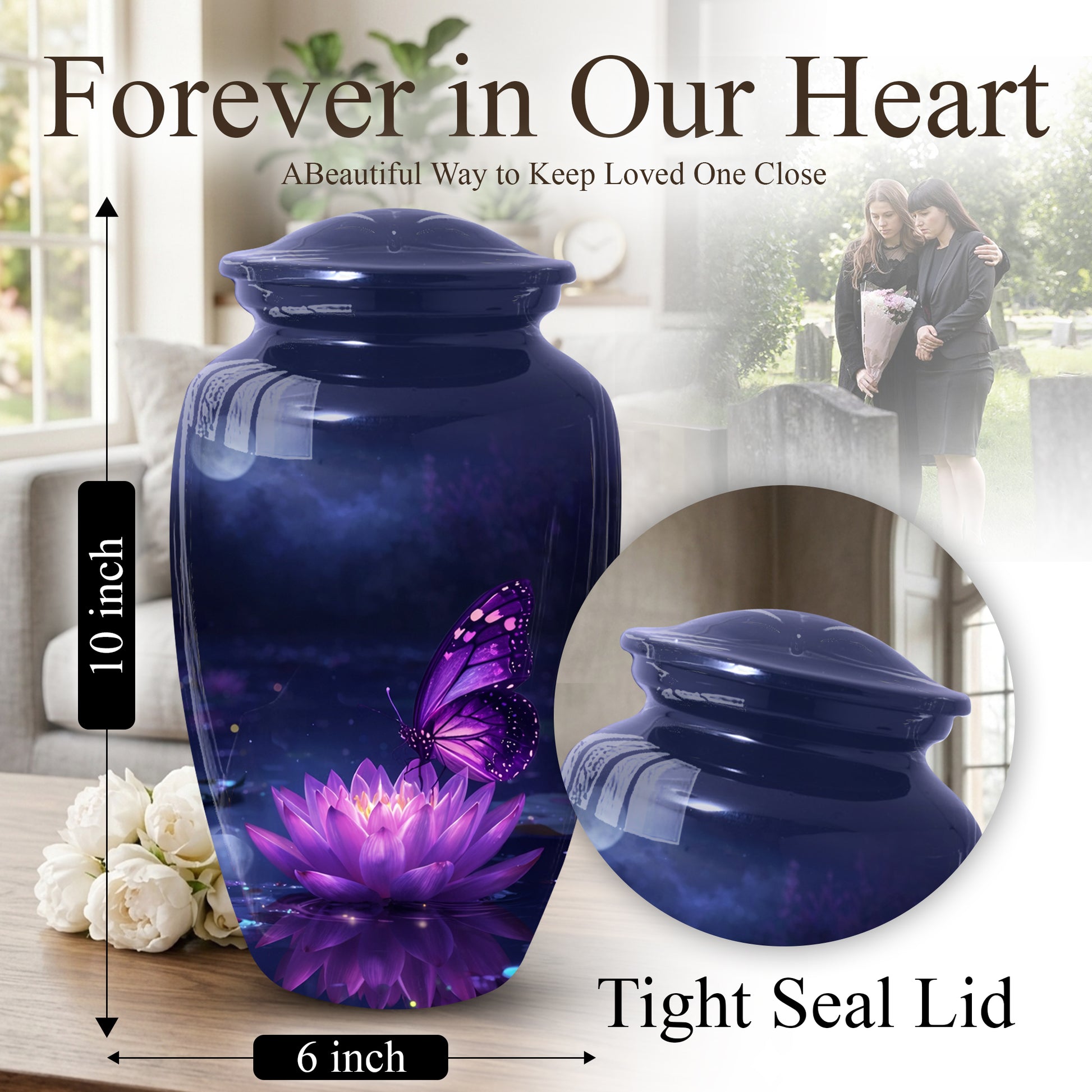 Purple Butterfly Urn for Mom on Lotus Flower | Butterfly Cremation Large Urn for Ashes