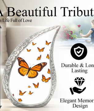 Butterfly Personalized Cremation Urn – Teardrop Style Aluminum Memorial Urn, 10 Inch