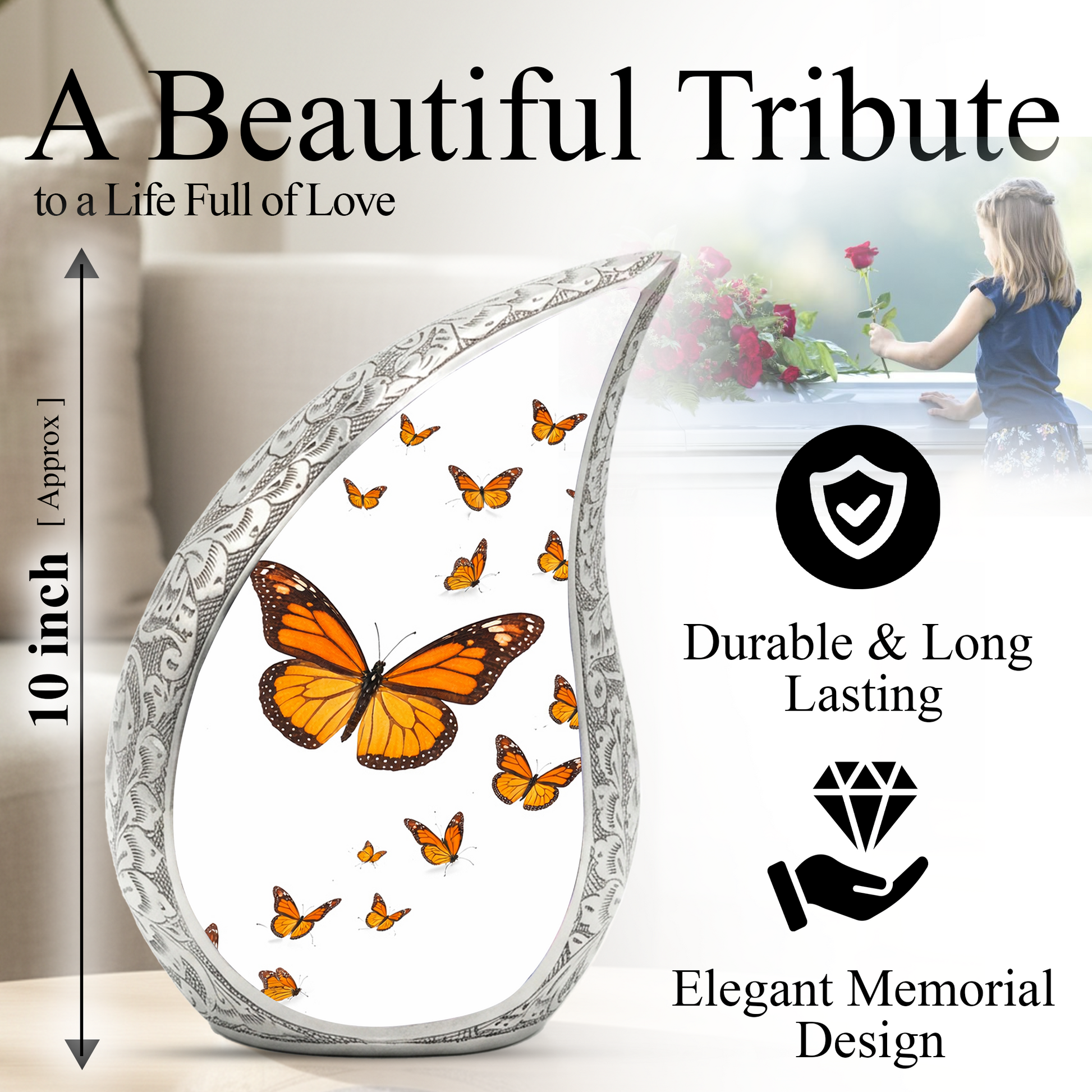 Butterfly Personalized Cremation Urn – Teardrop Style Aluminum Memorial Urn, 10 Inch